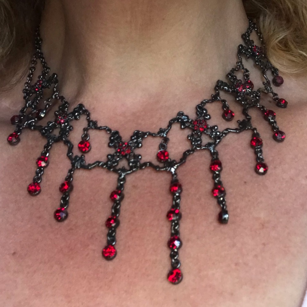 Red Crystal Rhinestone Statement Necklace Adjusts